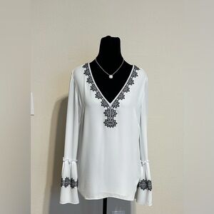 White House Black Market V-Neck Blouse with Black Embroidery